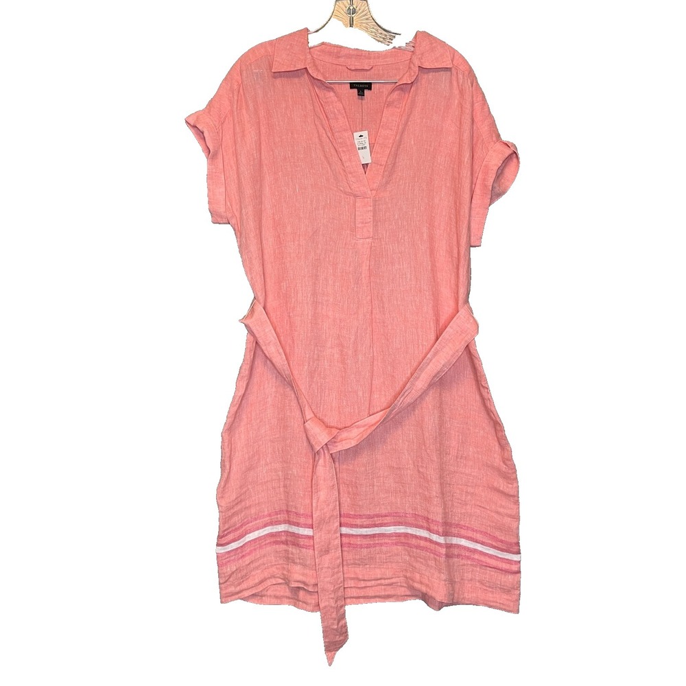 Talbots Women Linen Popover Shirtdress L Oyster Stripe Coral Belted Coastal‎ NWT